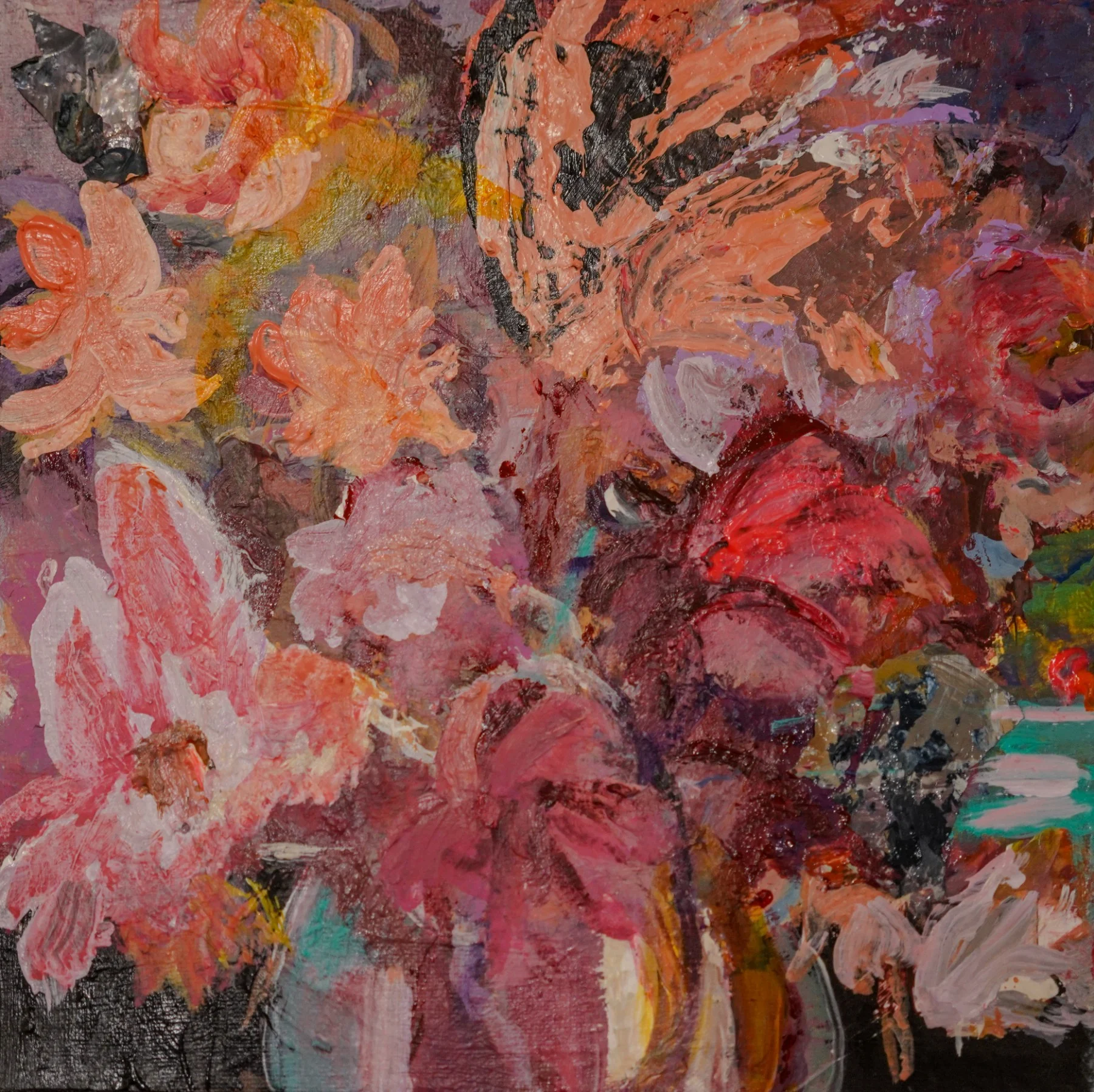 Champagne Essence I, an abstract floral painting in pink and coral by Renée Kanowitz