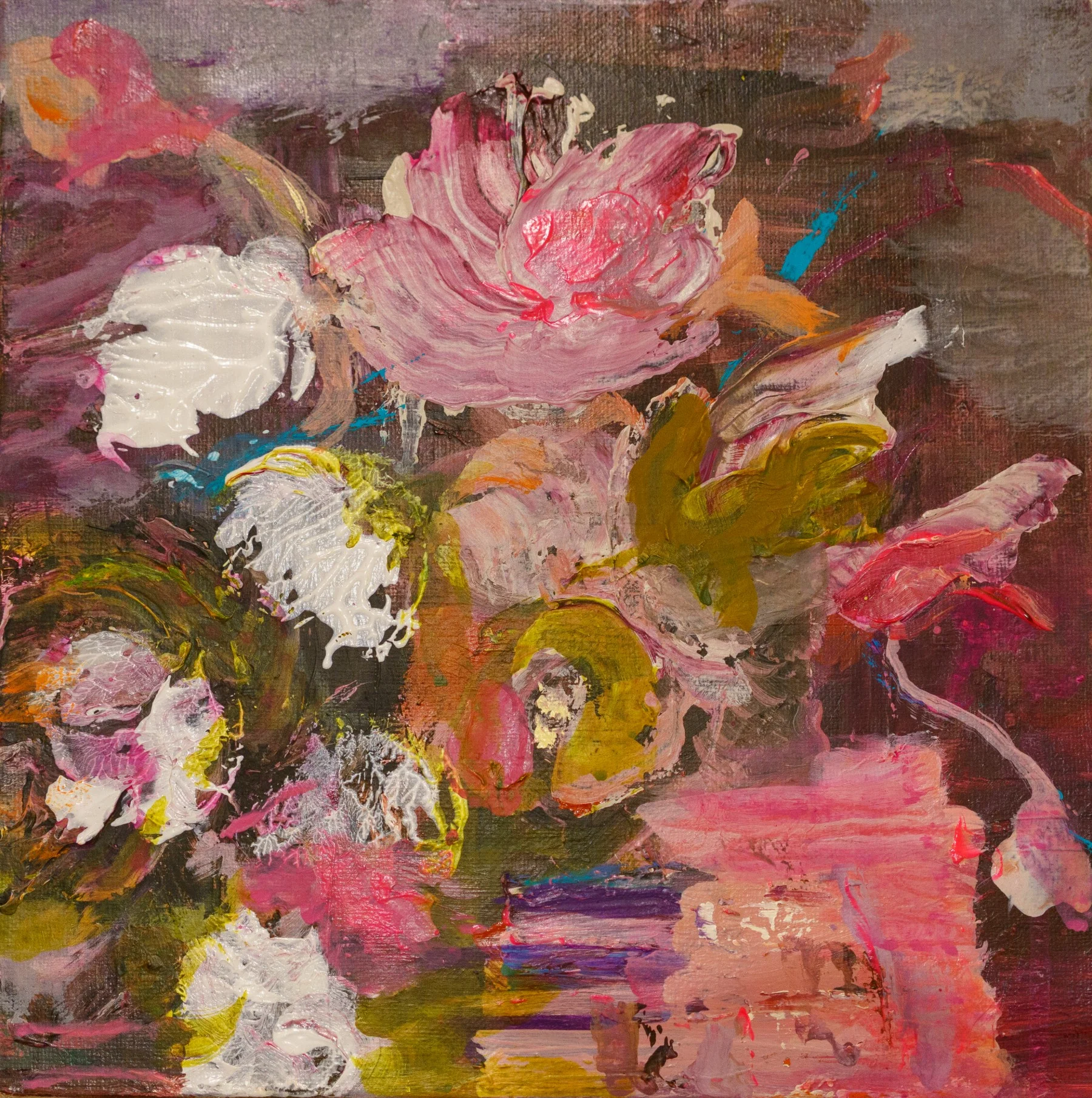Champagne Essence II, an abstract floral painting in pink, olive and white by Renée Kanowitz