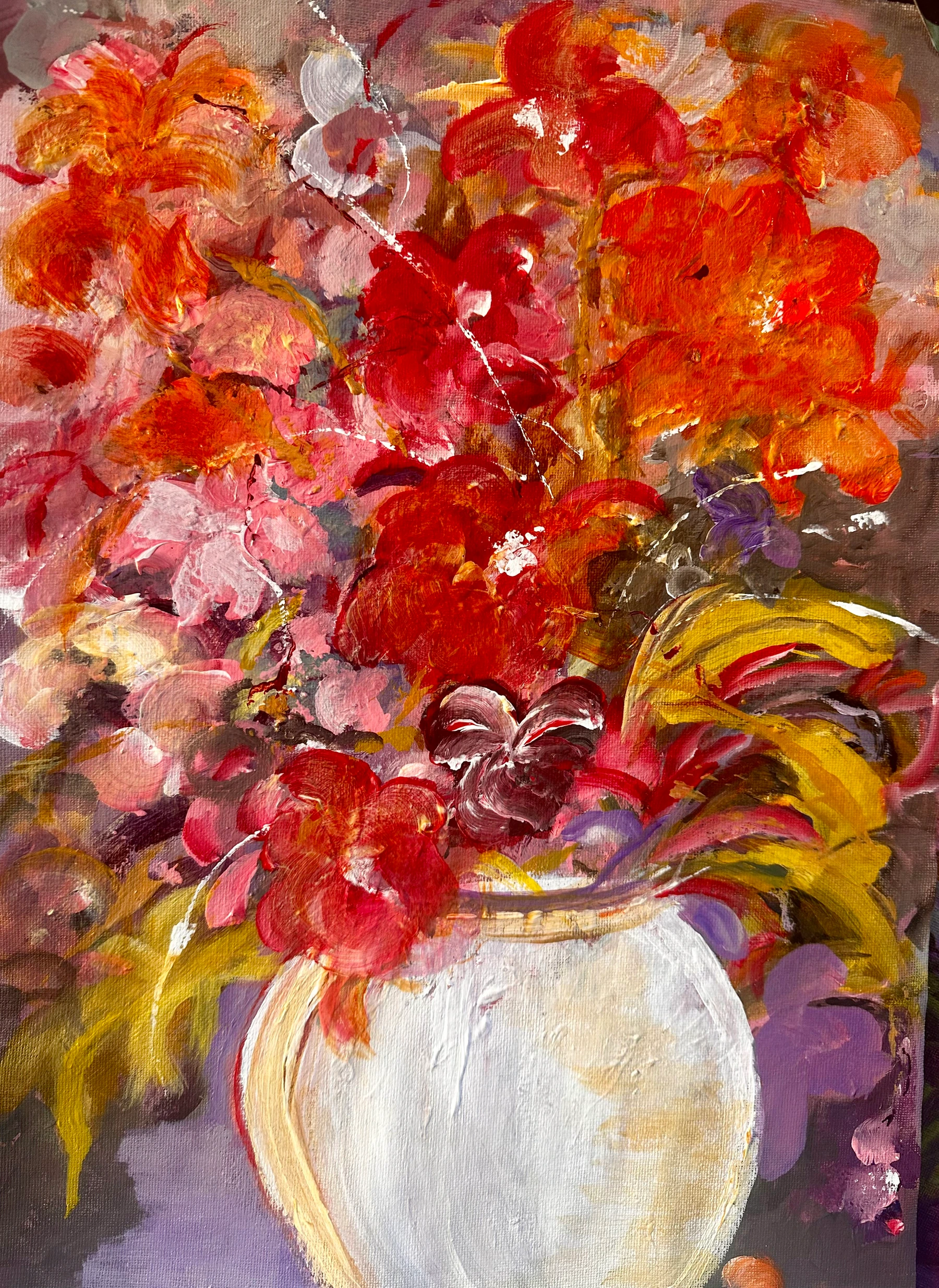 Ember Song I, red and orange flowers in a white vase, by Renée Kanowitz