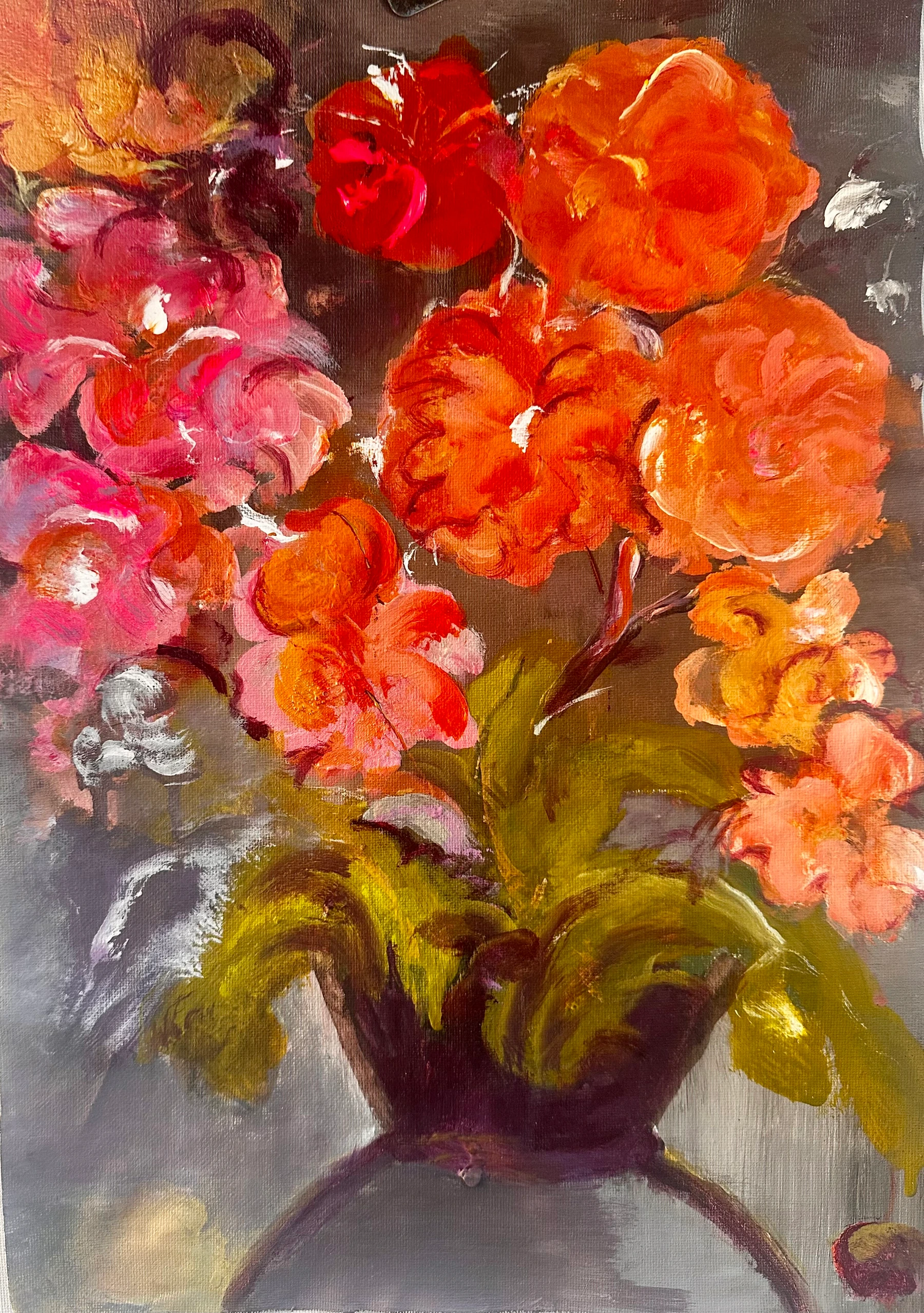 Ember Song II, orange and pink flowers in a dark vase, by Renée Kanowitz