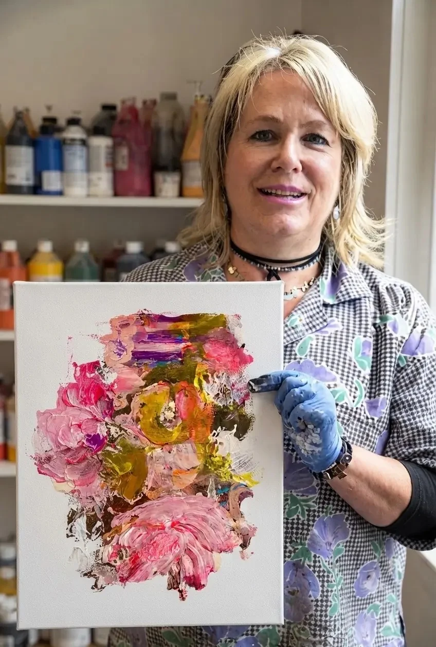 Renée Kanowitz in her Sydney studio holding a pink and ochre floral painting on white canvas